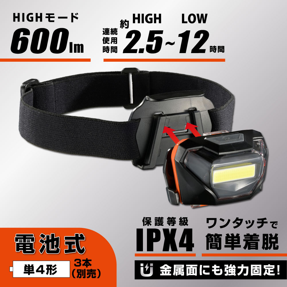マグネットヘッドライト(600 lm/単4形×3本使用/IPX4)_08-1083_LCH-MVB600C-K_OHM(オーム電機)